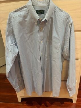 Eddie Bauer Men's Blue and White Pinstripe Button-Down Shirt
